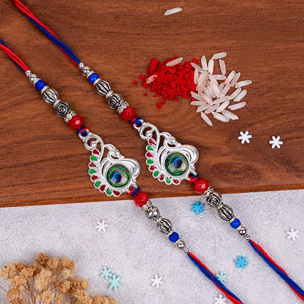 Three Designer Silver Rakhi set with Roli Chawal