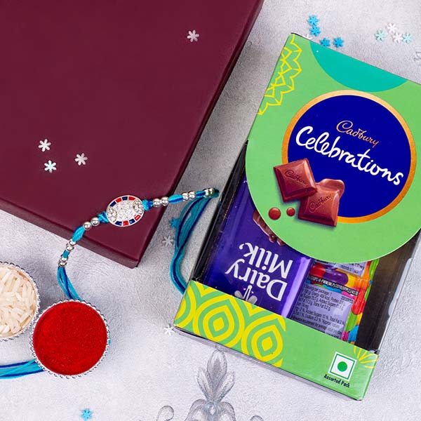 Fancy Silver Rakhi with Cadbury Celebrations Mini Pack