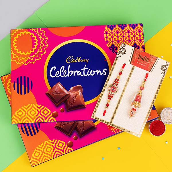 Set of red-colored Bhaiya Bhabhi Rakhi with Cadbury Celebration