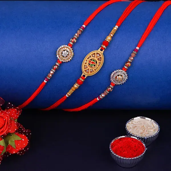 Set of 3 Elegant Kundan Rakhi for Brothers Saudi Arabia