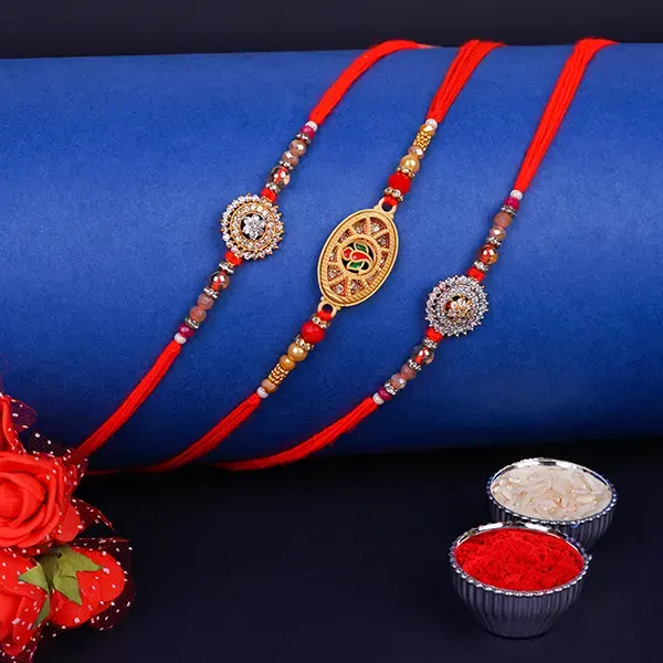 Set of 3 Elegant Kundan Rakhi for Brothers Saudi Arabia