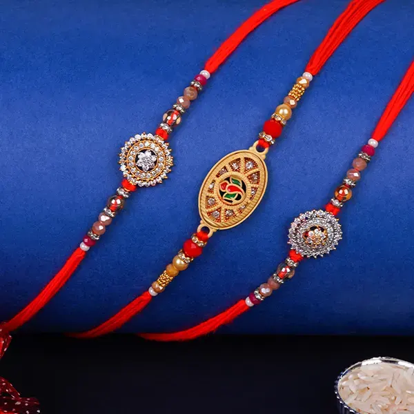 Set of 3 Elegant Kundan Rakhi for Brothers Saudi Arabia