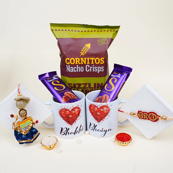 No 1 Bro and Gorgeous Bhabhi Rakhi with Mug Gift Hamper