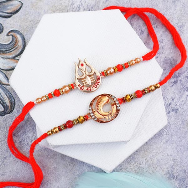 Auspicious Golden Mahadev and Ganpati Rakhi Set