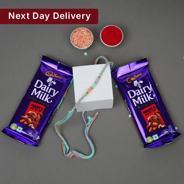 Traditional Multicolor Beaded Rakhi Gift Set with Dairy Milk Fruit & Nuts