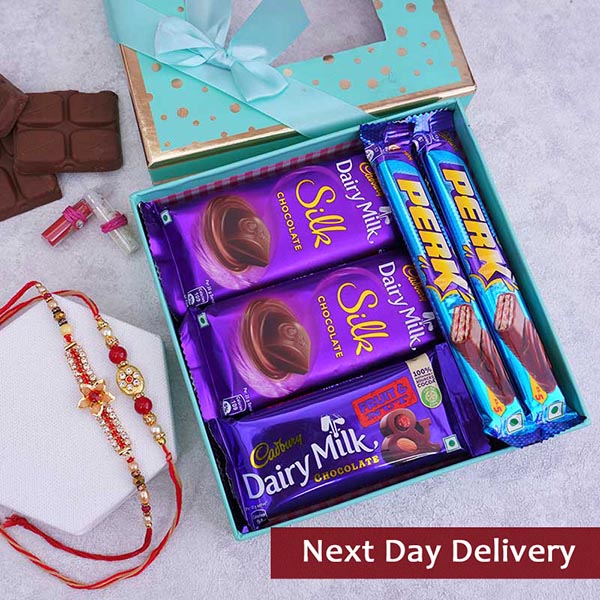 2 Golden Rakhi Set with Chocolate Box Next Day Delivery