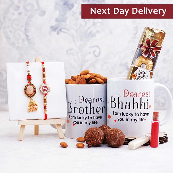 Dearest Brother Bhabhi Mugs N 2 Rakhi with Chocolates Gift Hamper Next Day Delivery
