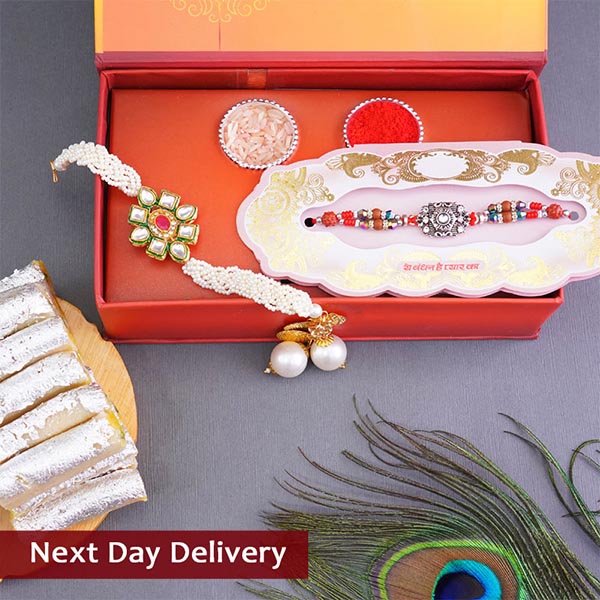 Antique Rakhi N Lumba Rakhi with Sweets in Signature Box Next Day Delivery