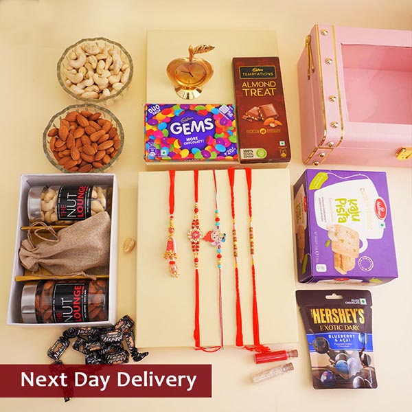 Five Rakhi Set with Dry Fruits Gift Hamper Next Day Delivery
