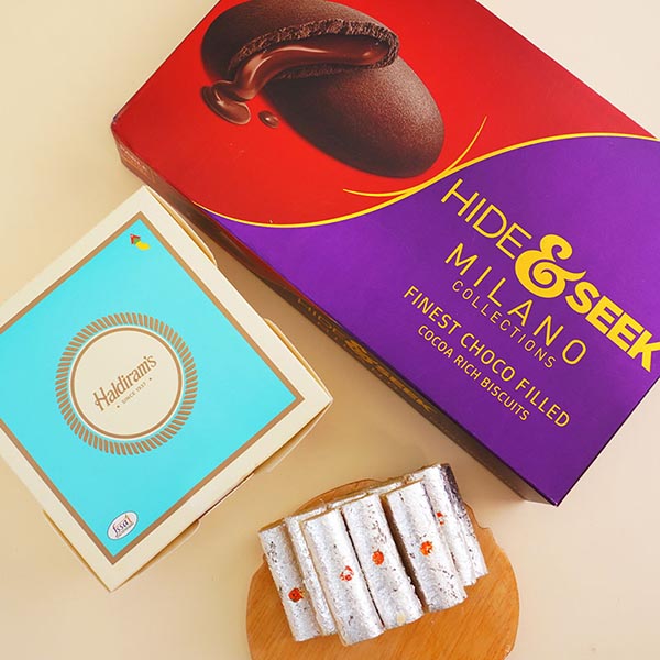 Two AD Rakhis with Sweets Gift Hamper Next Day Delivery