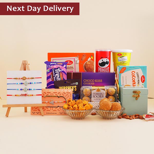 Set of Five Rakhis with Chocolates N Snacks Gift Pack Next Day Delivery