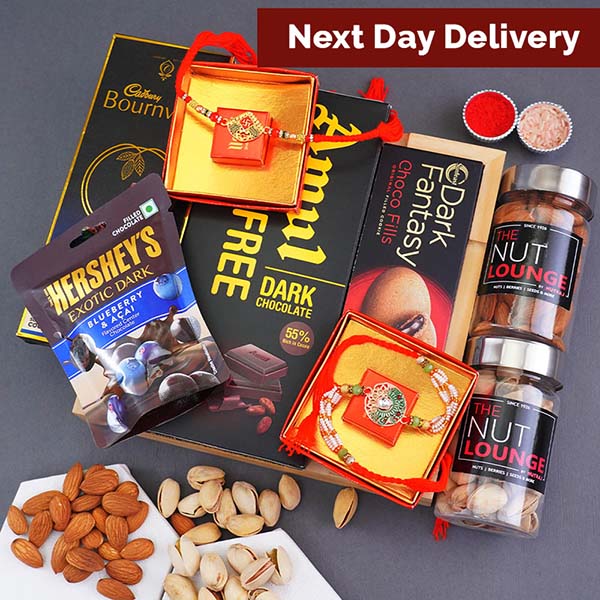 Golden Rakhi N Swastik Rakhi with Chocolates Gift Hamper Next Day Delivery