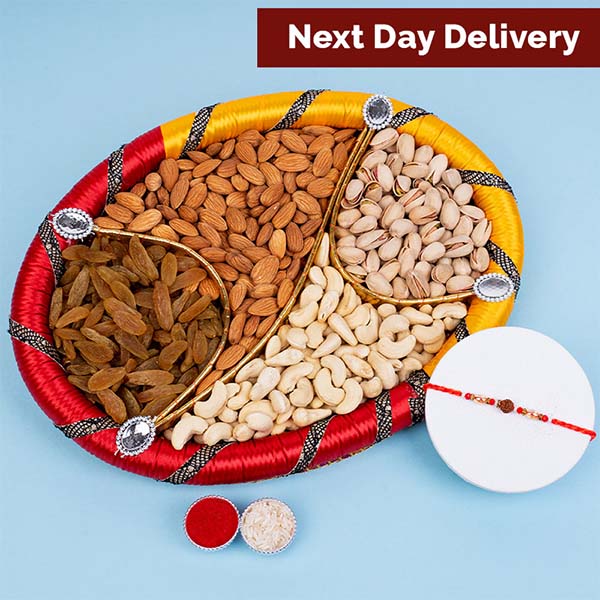 Rudraksha Rakhi with a Tray of Dry Fruits Next Day Delivery