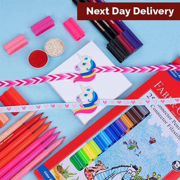 Set of 2 Unicorn Rakhi with Faber Castell Connector Pen Set Next Day Delivery