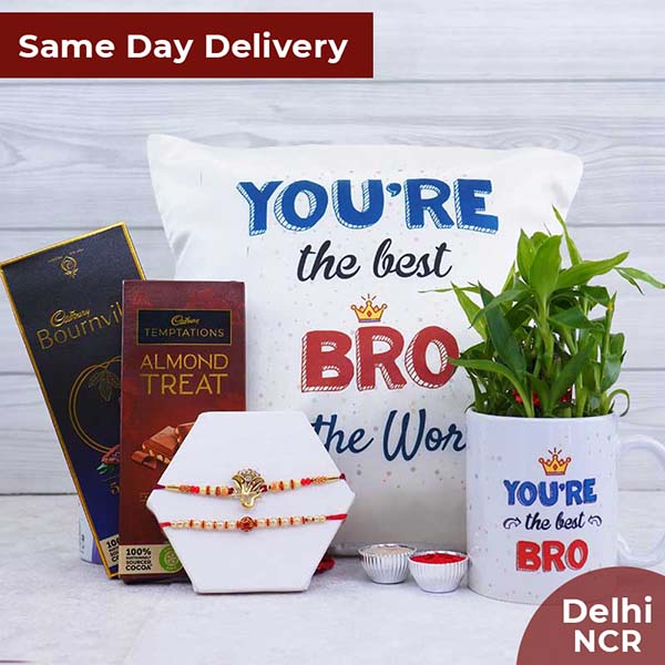 Set of Two Pearl Rakhis with Cushion N Mug Same Day Delivery In Delhi NCR