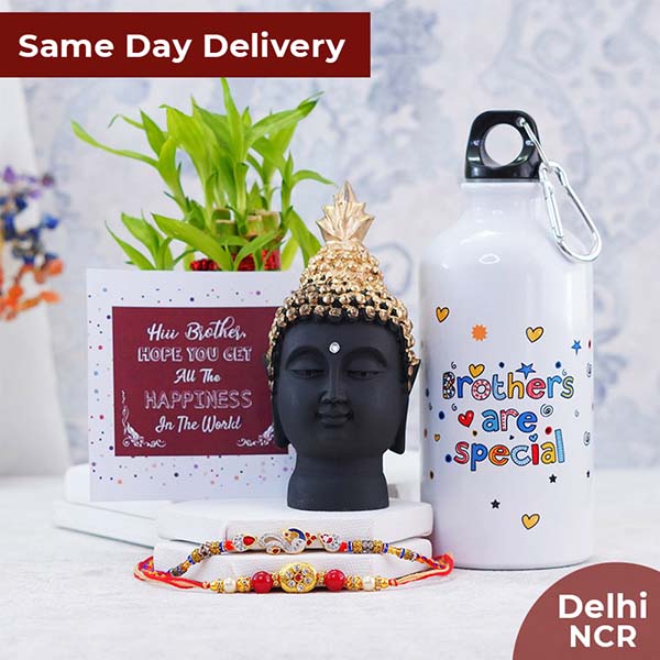 Designer Rakhi with Bottle N Buddha Statue Gift Hamper Same Day Delivery In Delhi NCR