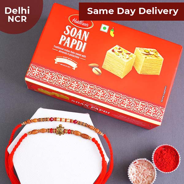 Tortoise Rakhi N Pearl Rakhi with Soan Papdi Same Day Delivery In Delhi NCR