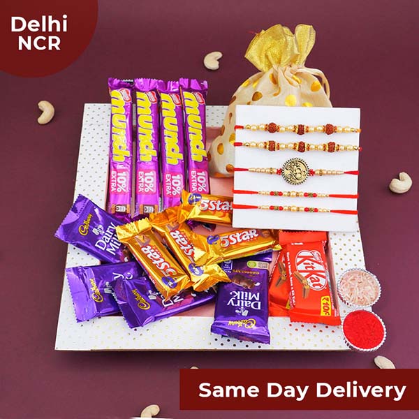 Fabulous Five Rakhis with Chocolates N Cashews Gift Hamper Same Day Delivery In Delhi NCR