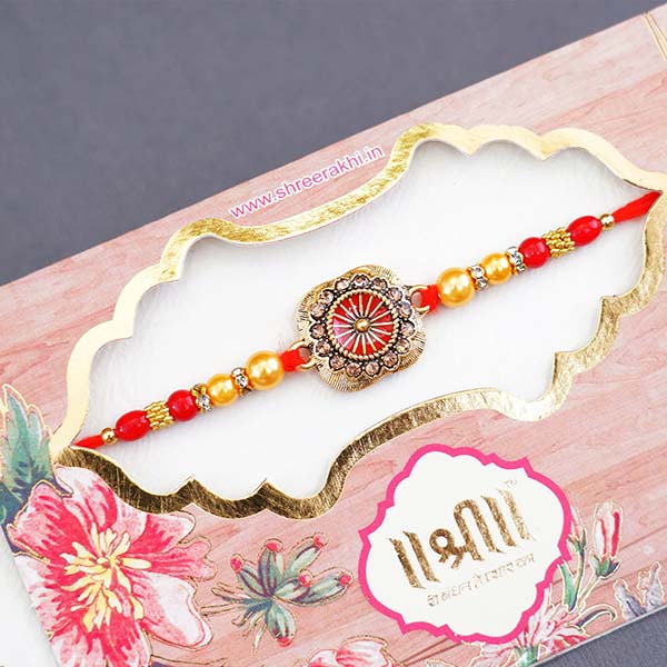 Beaded Rakhi with Chocolates N Mug in Tray Gift Hamper Same Day Delivery In Delhi NCR