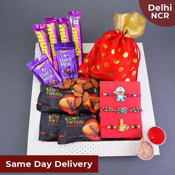 Two Alluring Rakhis N Kids Rakhi with Chocolates Gift Hamper Same Day Delivery In Delhi NCR