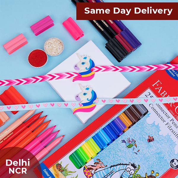 Set of 2 Unicorn Rakhi with Faber Castell Connector Pen Set Same Day Delivery In Delhi NCR