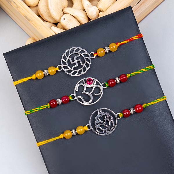 Set of 3 Silver Rakhis with Almonds and Cashews Same Day Delivery In Delhi NCR