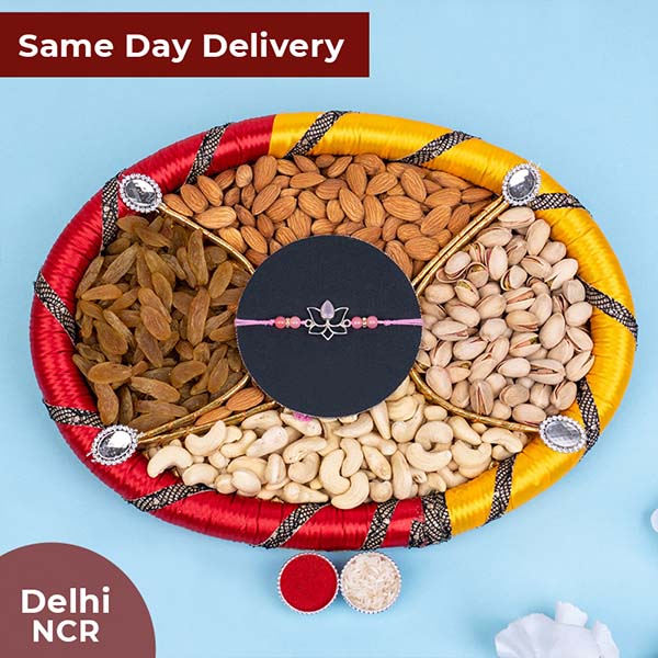 Designer Lotus Silver Rakhi with Dry Fruit Tray Same Day Delivery In Delhi NCR