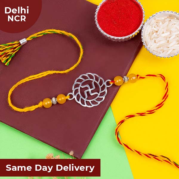 Pure Silver Swastik Mandala Rakhi for Brother Same Day Delivery In Delhi NCR