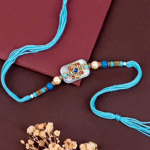 Blue Designer Rakhi with Chandrayaan 3 Mug Same Day Delivery In Delhi NCR