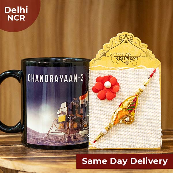 Kundan Rakhi with Chandrayaan 3 Mug Same Day Delivery In Delhi NCR