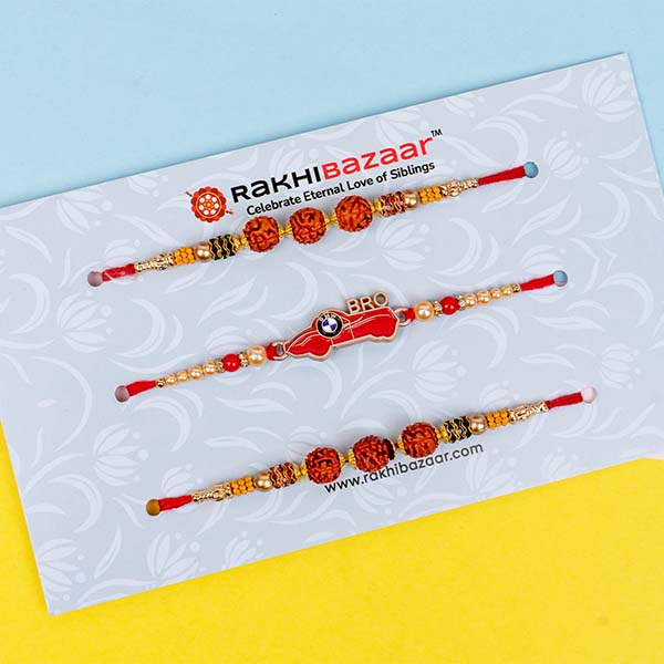 Set of 2 Rudraksha Rakhi with 1 Car Rakhi and Chocolates