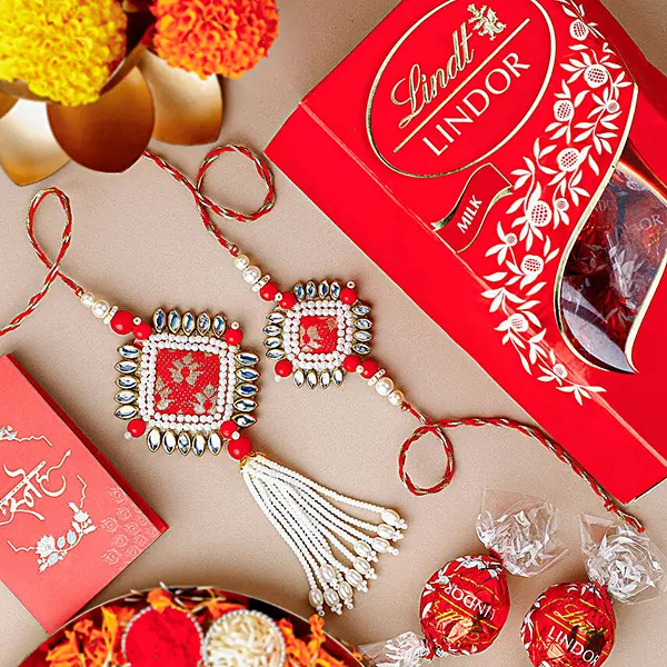 Bandhani Bhaiya Bhabhi Rakhi Set N Lindt Chocolate Balls Gift Set