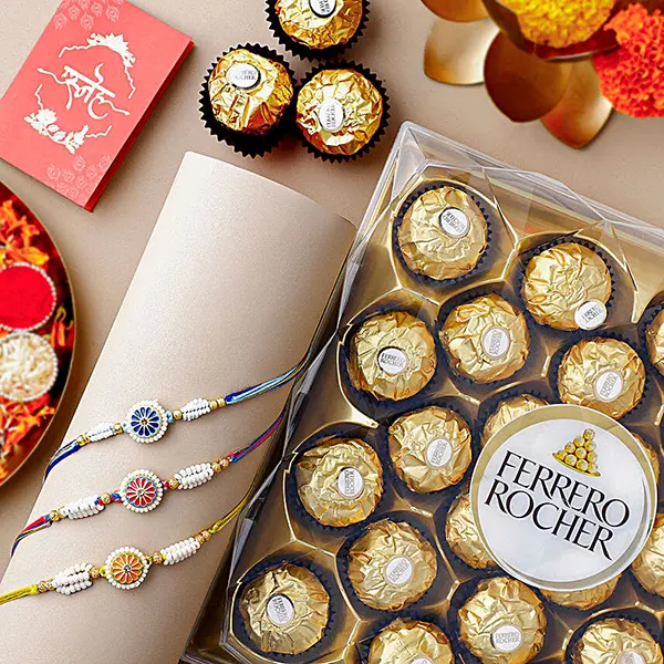 Floral Heritage Round Rakhi Trio N Ferrero Rocher Gift Set