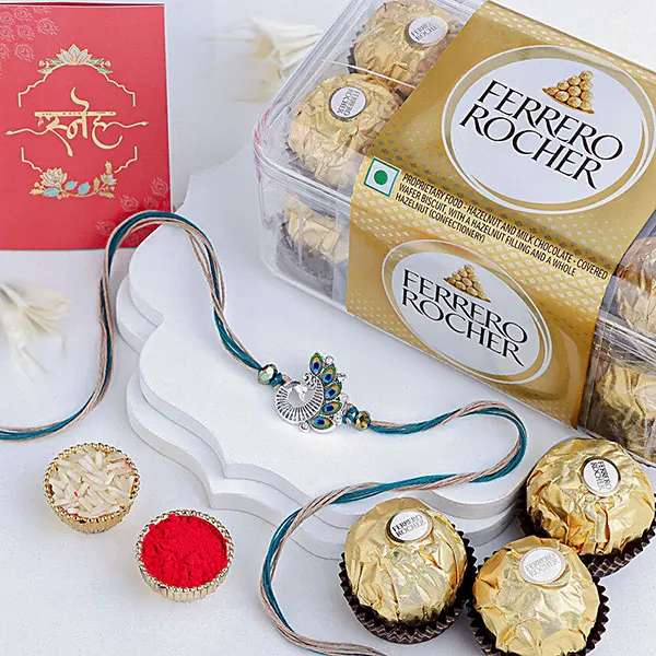 Sapphire Serenity Peacock Rakhi N Ferrero Delight