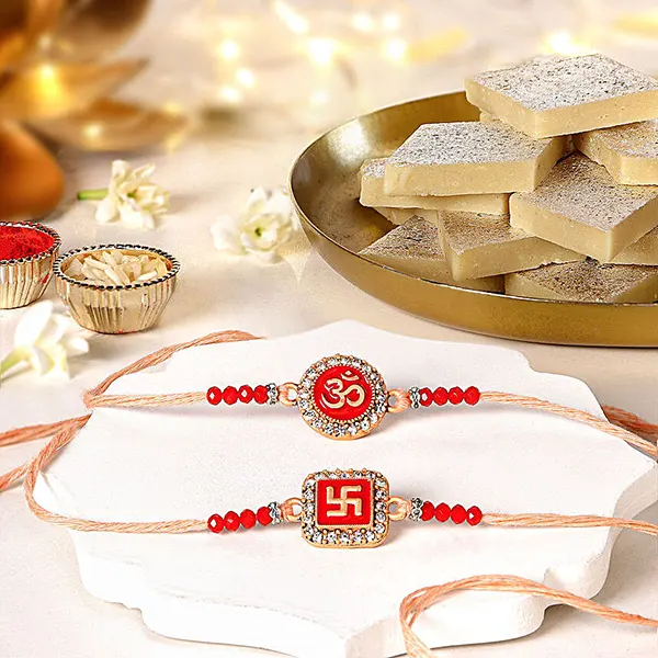 Ethereal Om Swastik Pair Rakhi N Kaju Katli Delight