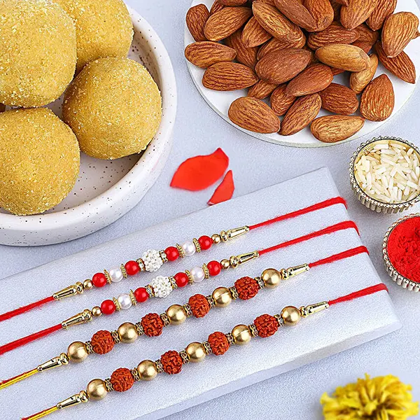 Pearls N Rudraksha Rakhi Set with Festive Delights