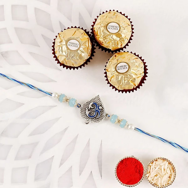 Blue Serenity Om Rakhi with Ferrero Rochers