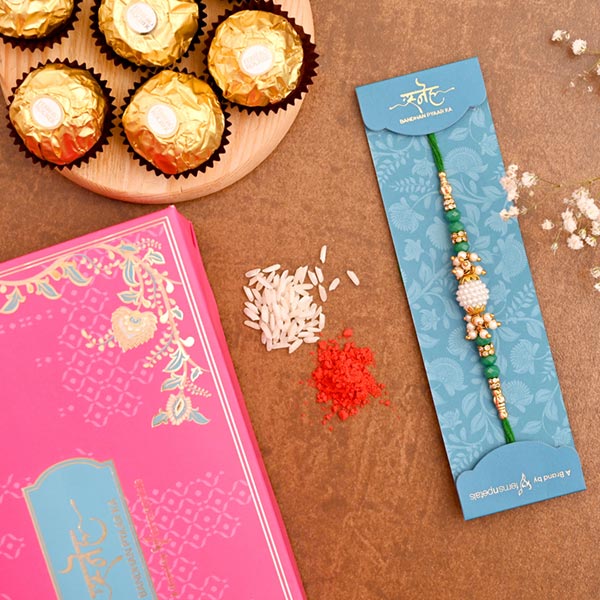 Green Pearl Beads Designer Rakhi And 3 Pcs Ferrero Rocher