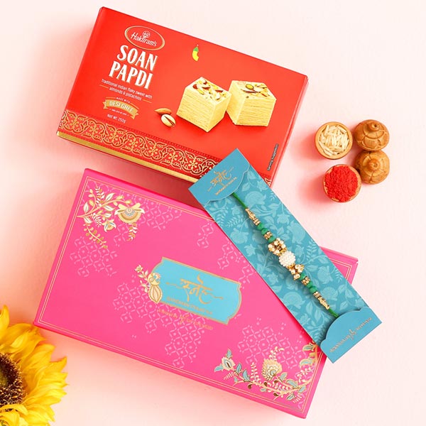 Green Pearl Beads Designer Rakhi And Soan Papdi