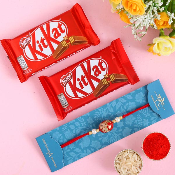 Japanese Red Stone Rakhi And 2 Pcs Of Kitkat
