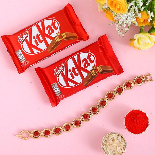 Spiritual Rudraksha Bracelet Rakhi And 2 Pcs Of Kitkat