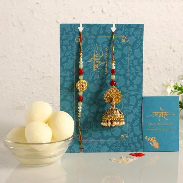 Dancing Peacock Jhumka Lumba Rakhi Set And Rasgulla