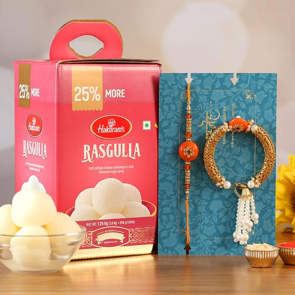 Orange Pearl Lumba Rakhi Set And Rasgulla