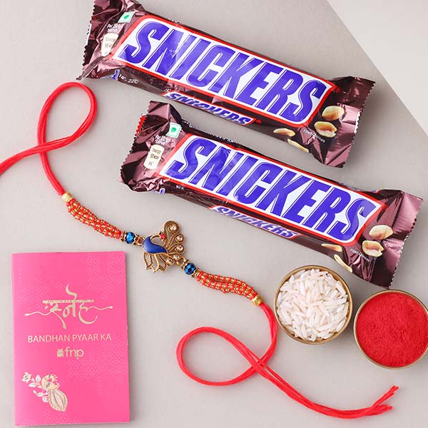 Sneh Blue Peacock Designer Rakhi with Snickers Chocolate Singapore