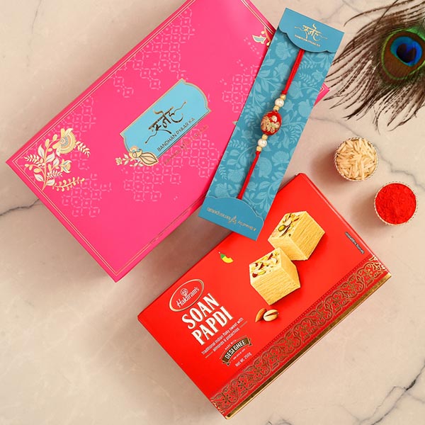 Japanese Red Stone Rakhi And Soan Papdi