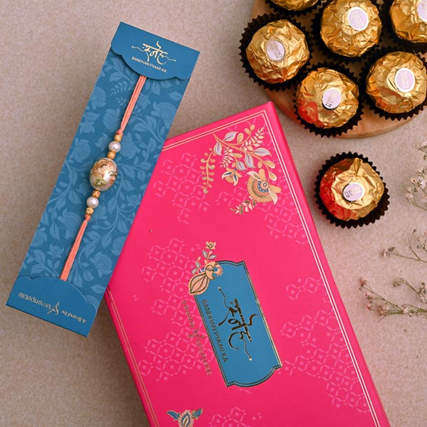 Japanese Stone Designer Rakhi And 3 Pcs Ferrero Rocher