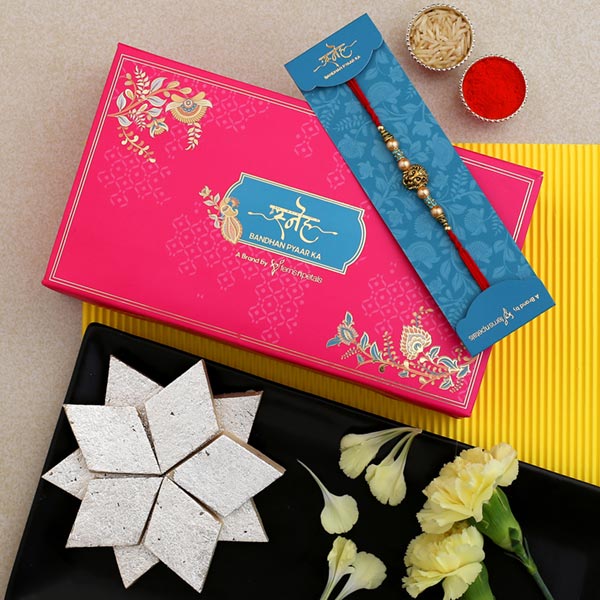 Lion Face Pearl Rakhi And Kaju Katli