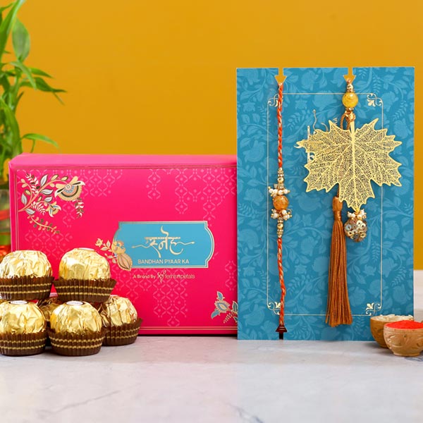 Maple Leaf Modern Lumba Rakhi Set With 3 Pcs Ferrero Rocher