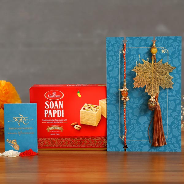 Maple Leaf Modern Lumba Rakhi Set With Soan Papdi
