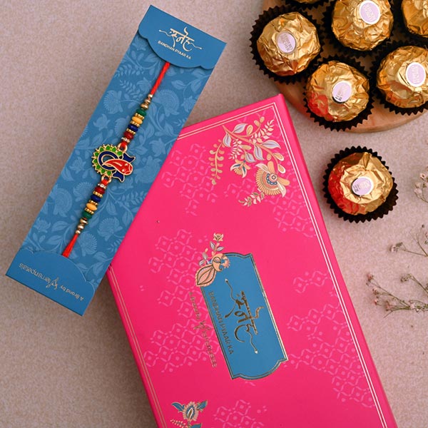 Multicoloured Lord Ganesha Rakhi And 3 Pcs Ferrero Rocher